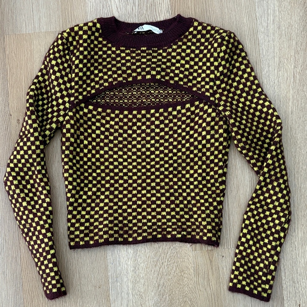 Zara Yellow and Brown Checkered Sweatshirt
